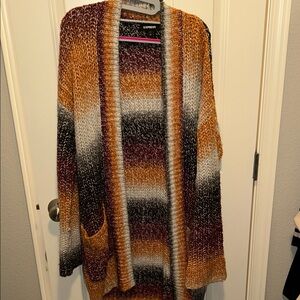 Express Women's Striped Cardigan in Brown, Gray, and Cream